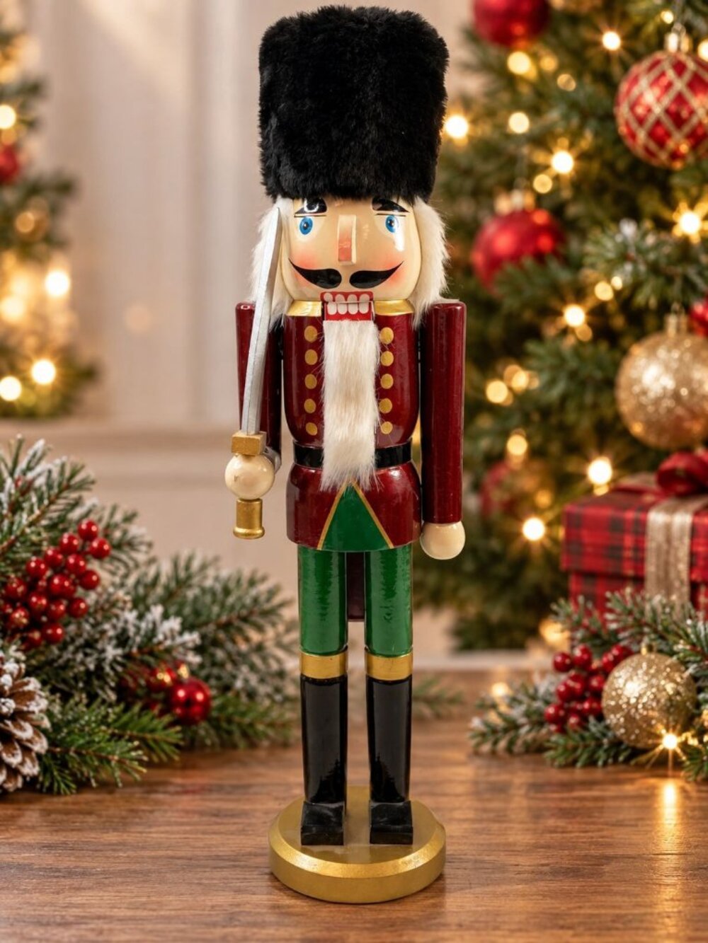 Vintage 15" Wooden Nutcracker Soldier Sword & Black Hat Christmas Holiday Decor